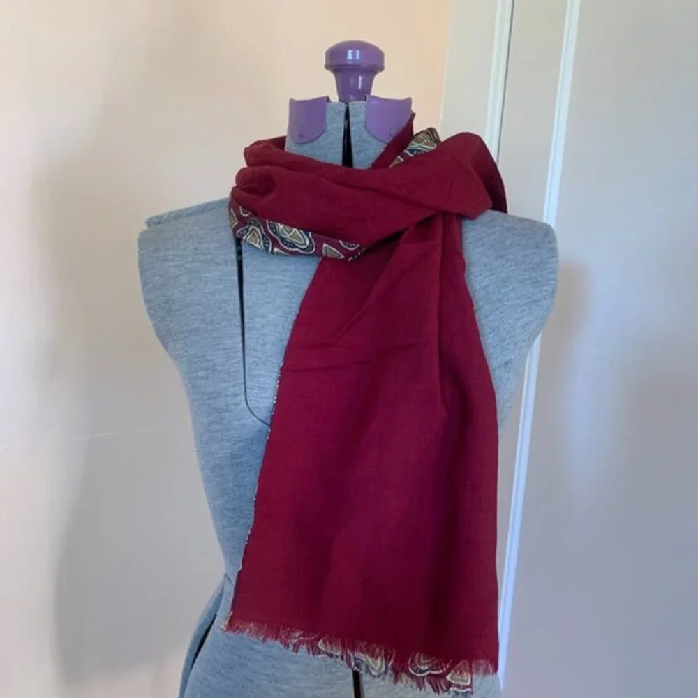 VTG Scarf Two Sided Reversible Silk‎ Wool Burgundy Made in Italy Fringe 52 x 12
